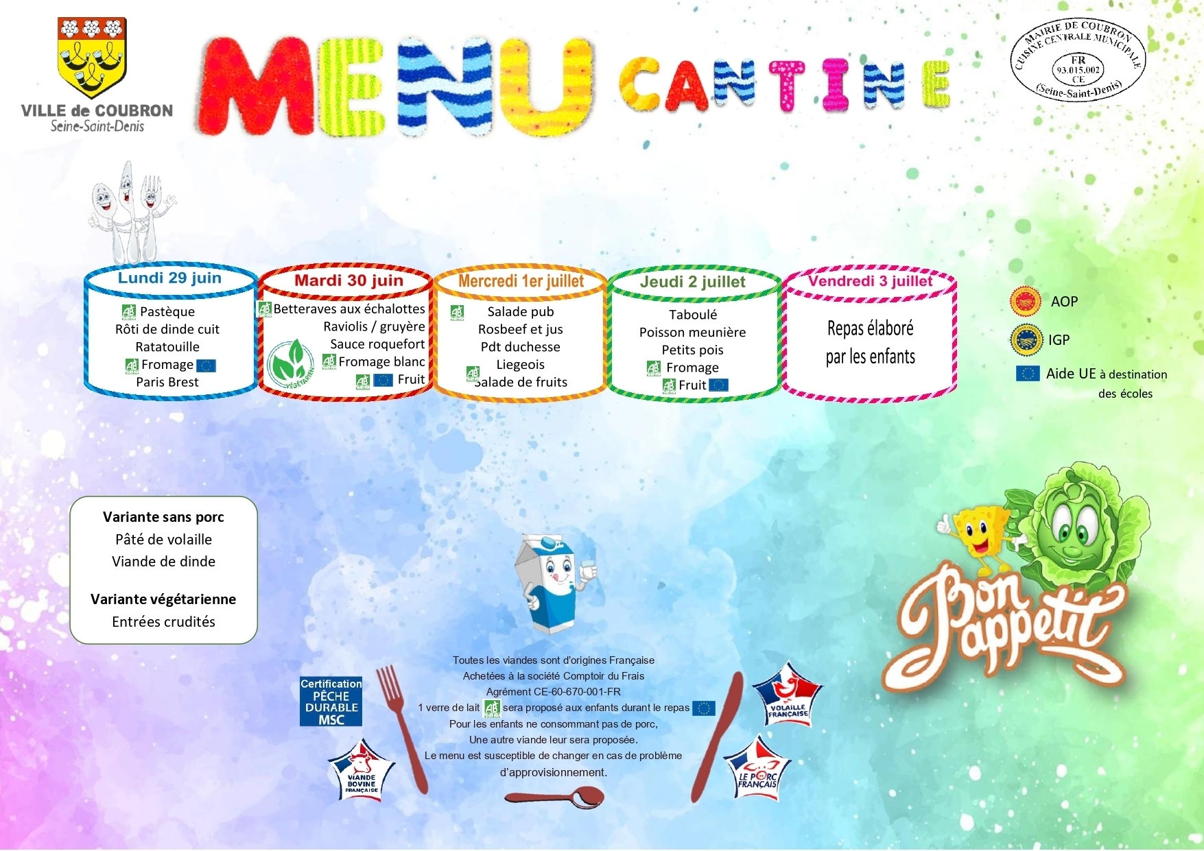 Menu du 29 juin au 3 juillet 2026