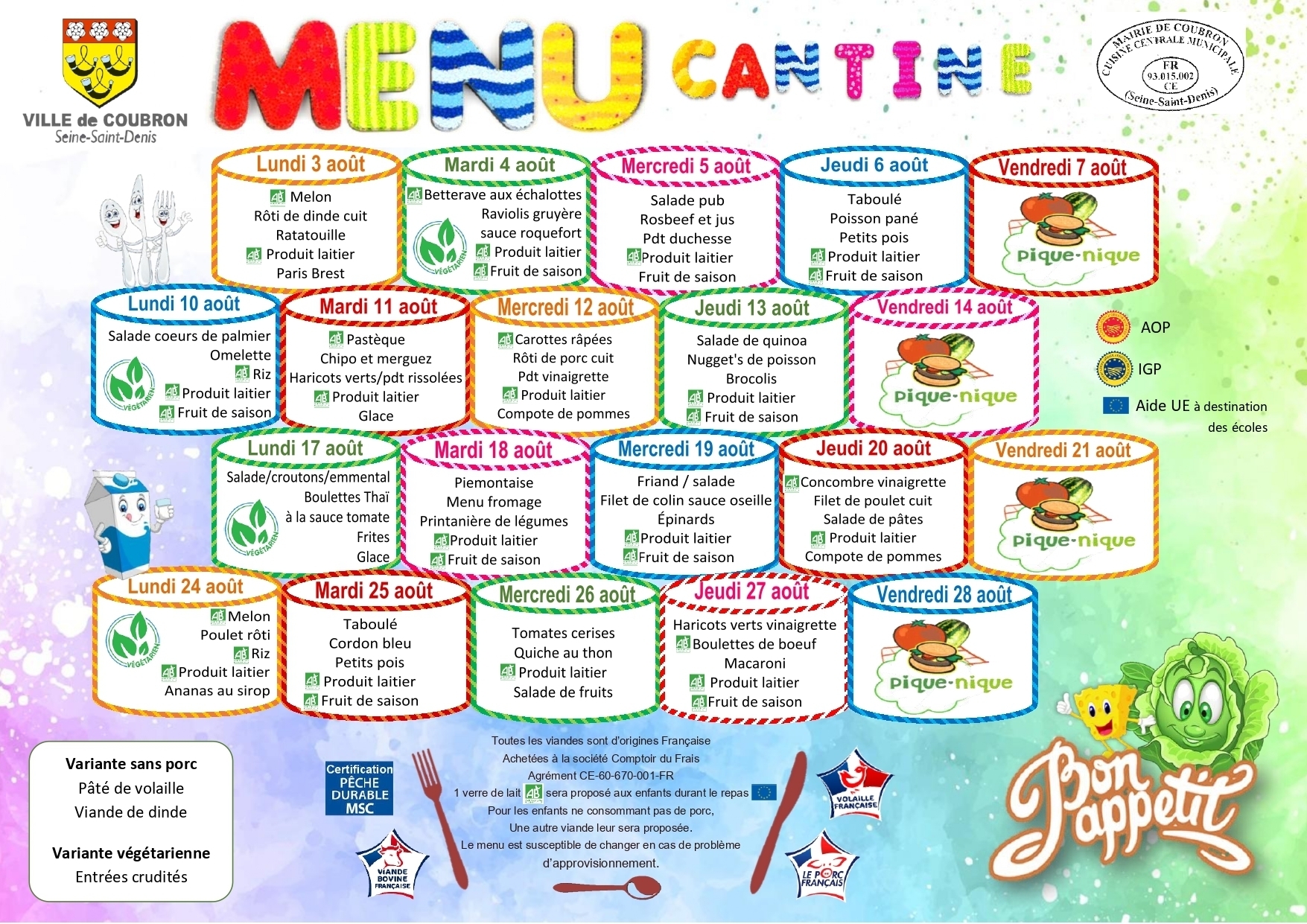 Menu du 3 au 28 août 2026