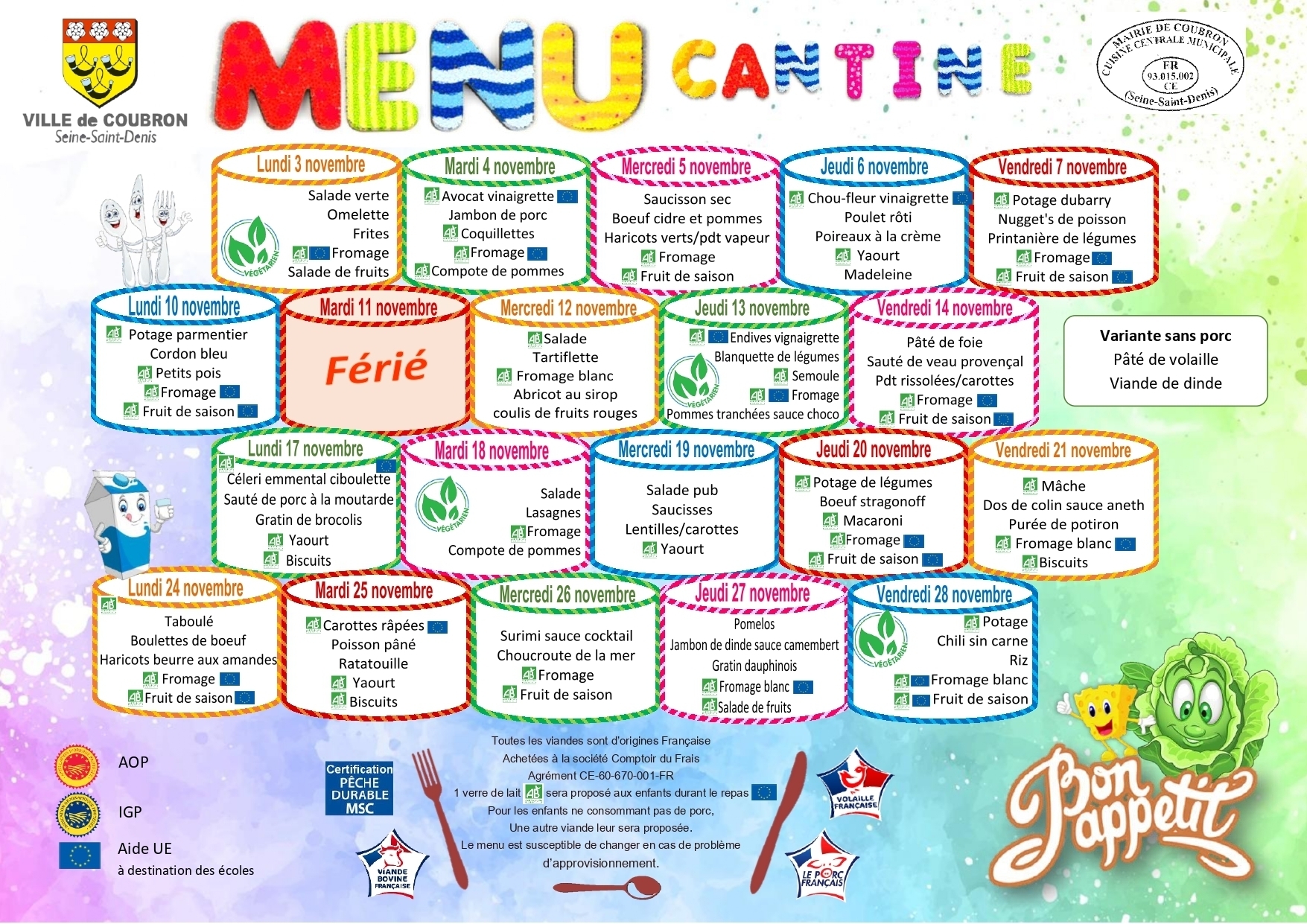 Menu du 3 au 28 novembre 2025