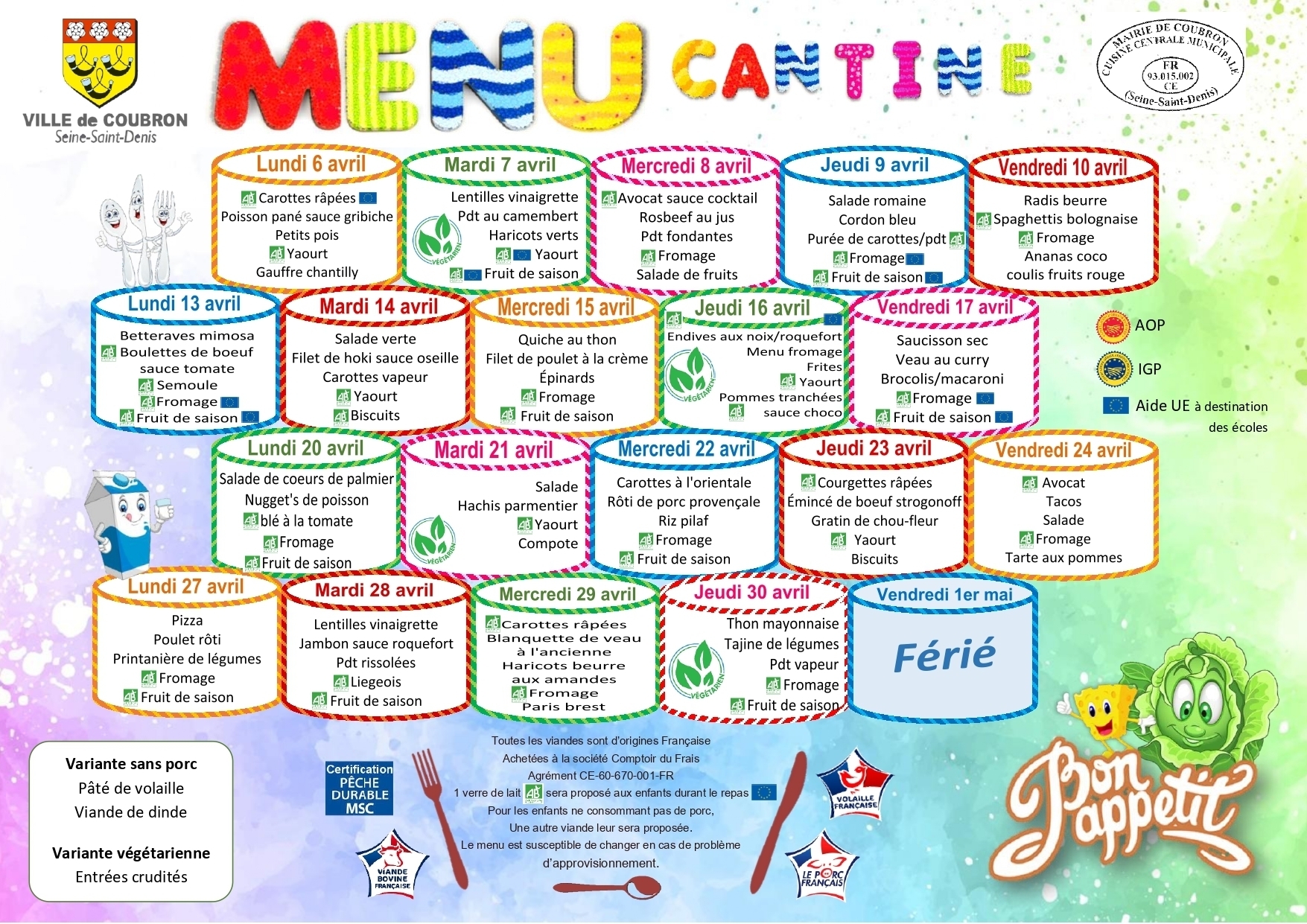Menu du 6 au 30 avril 2026
