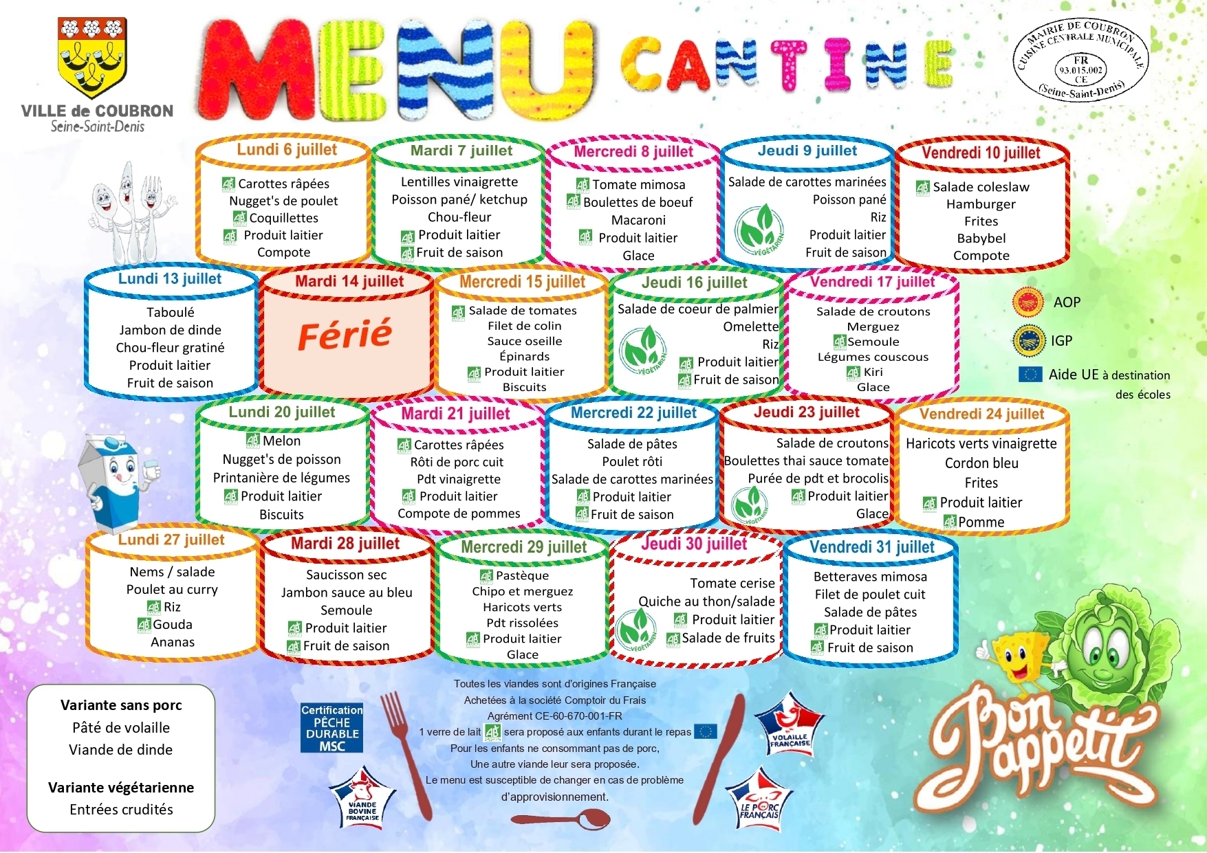Menu du 6 au 31 juillet 2026